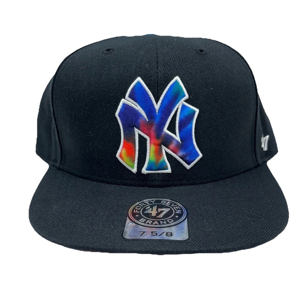 New York Yankees Hat Cap Fitted 7 5/8 Plain Rainbow Logo Flat Bill High Wool MLB